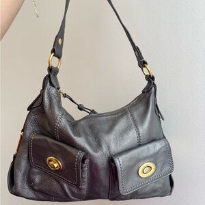 Black Leather Shoulder Bag with Front Pockets